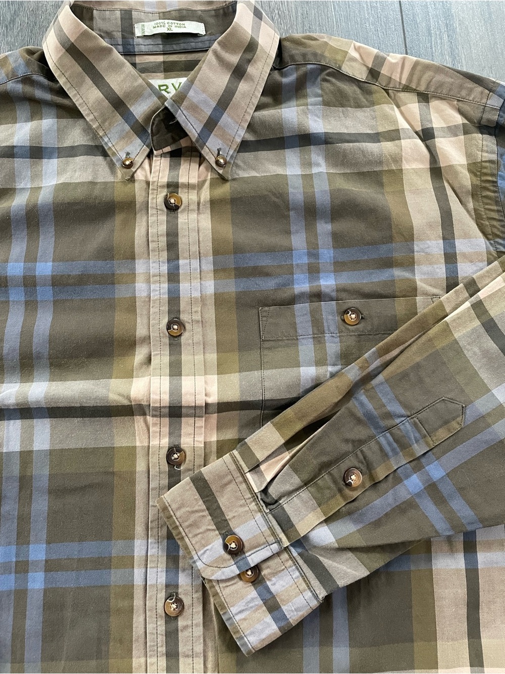 Orvis Plaid Shirt XL Khaki Tan Blue 100% Cotton L/S Button Up Men’s